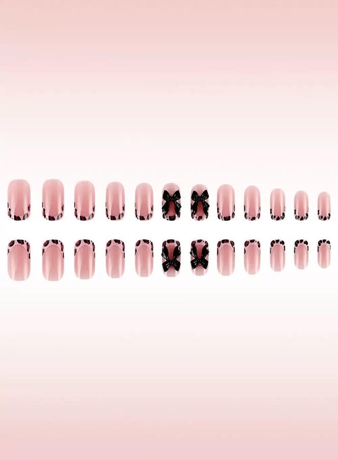 CTTHNBD Short Press on Nails Square Fake Nails French Tip False Nails with Leopard Print Design Acrylic Nails 3D Bow Charms Glue on Nails Glossy Full Cover Stick on Nails for Women Manicure 24Pcs - Image 3